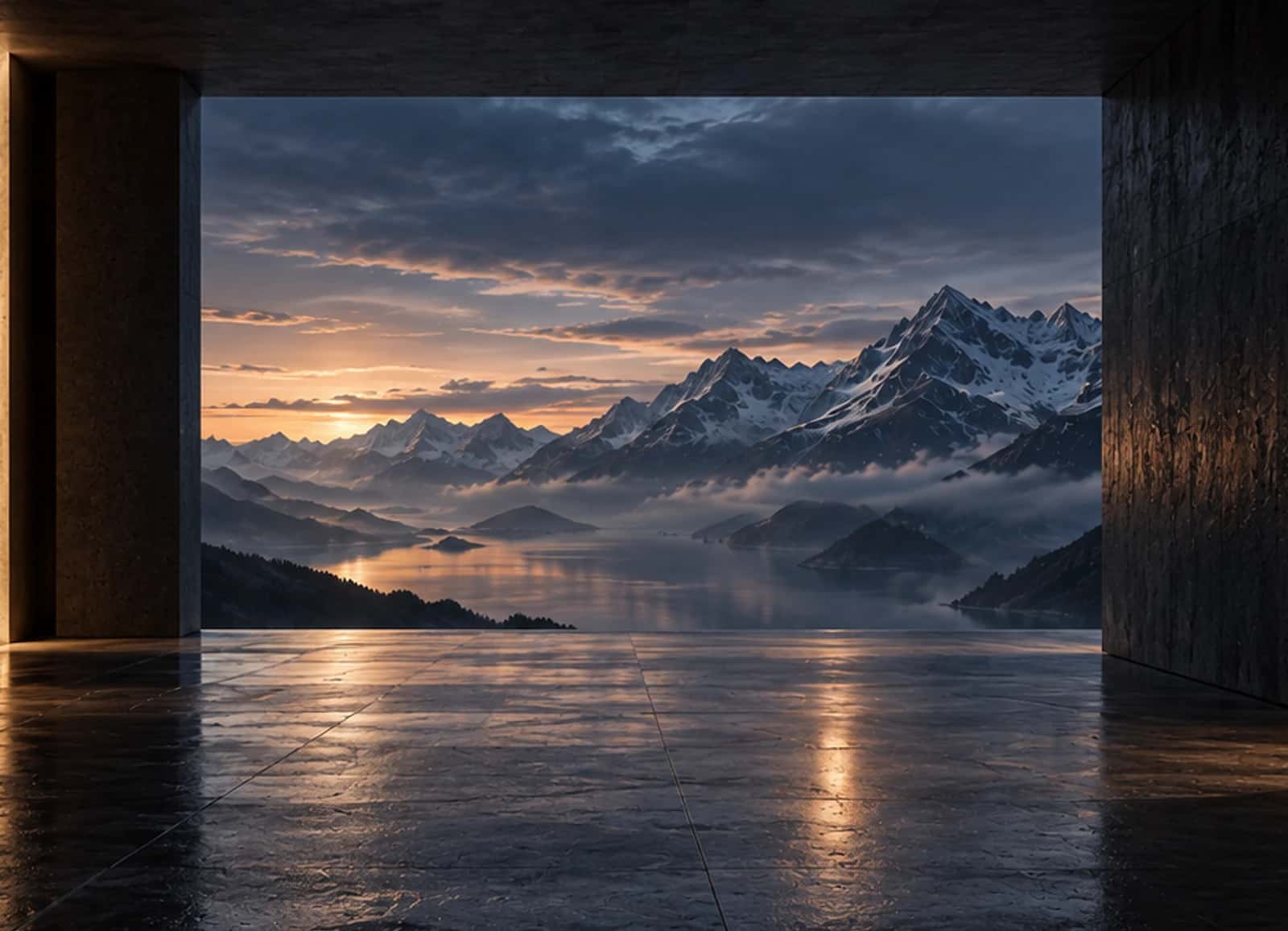 Column corridor opening onto mountains, at dusk