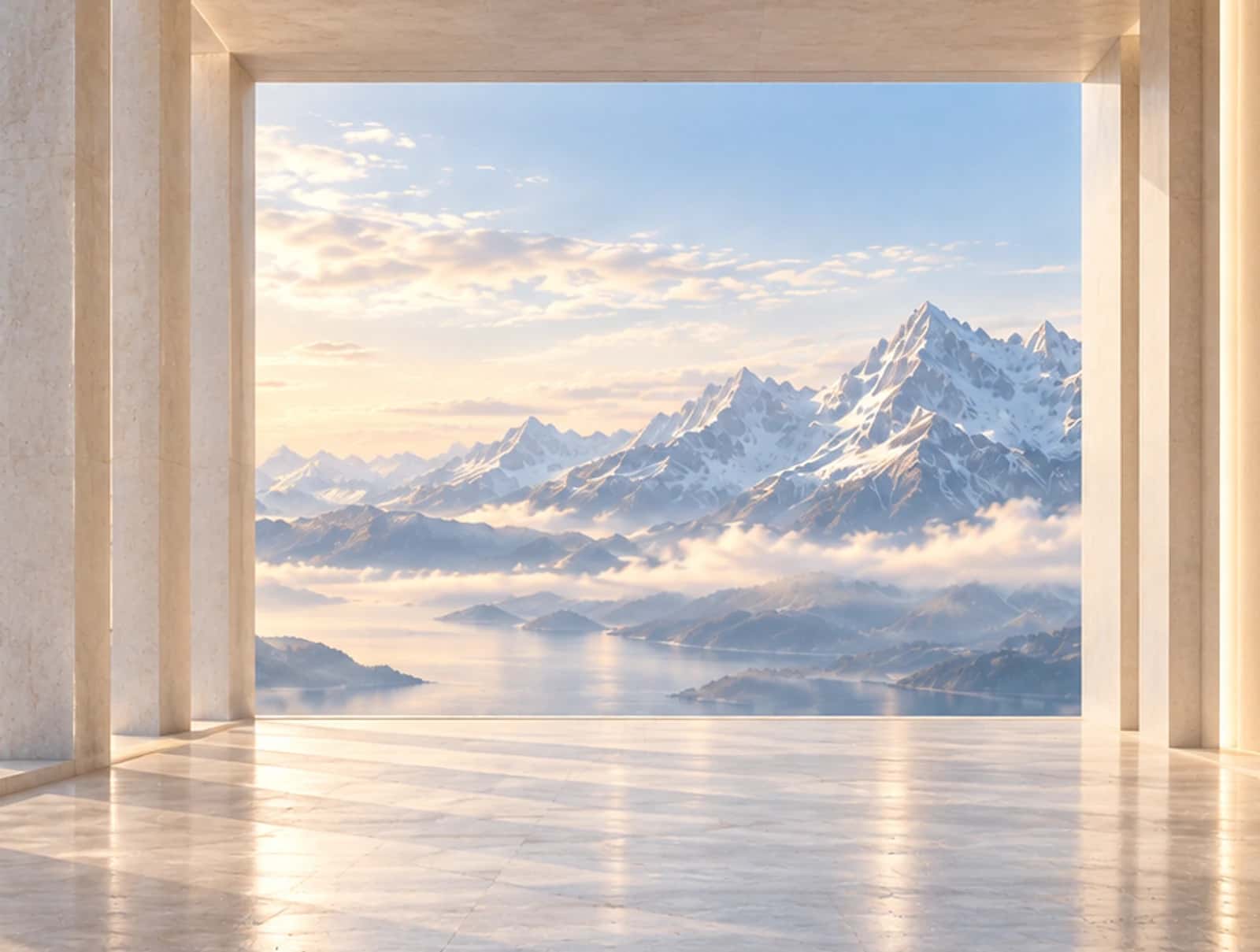 Column corridor opening onto mountains