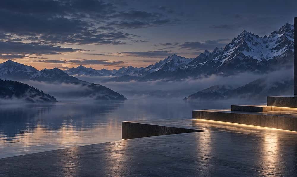 Mountain lake with curved stone steps, at dusk