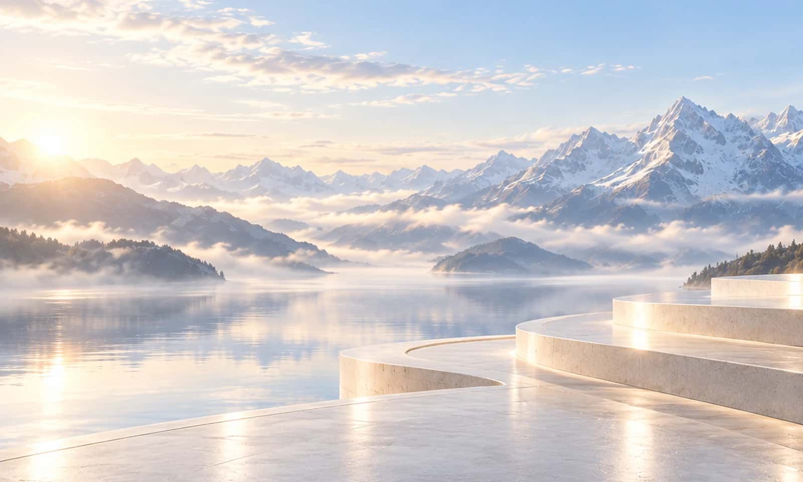 Mountain lake with curved stone steps