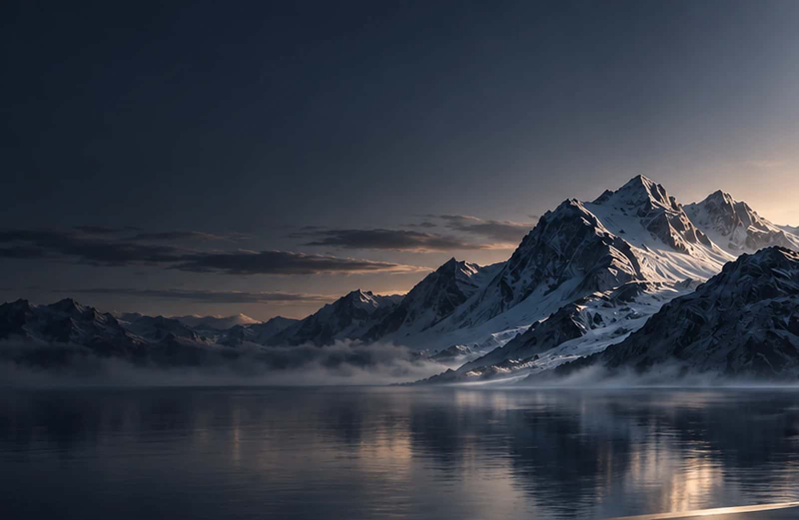 Snow-capped mountain peak, at dusk