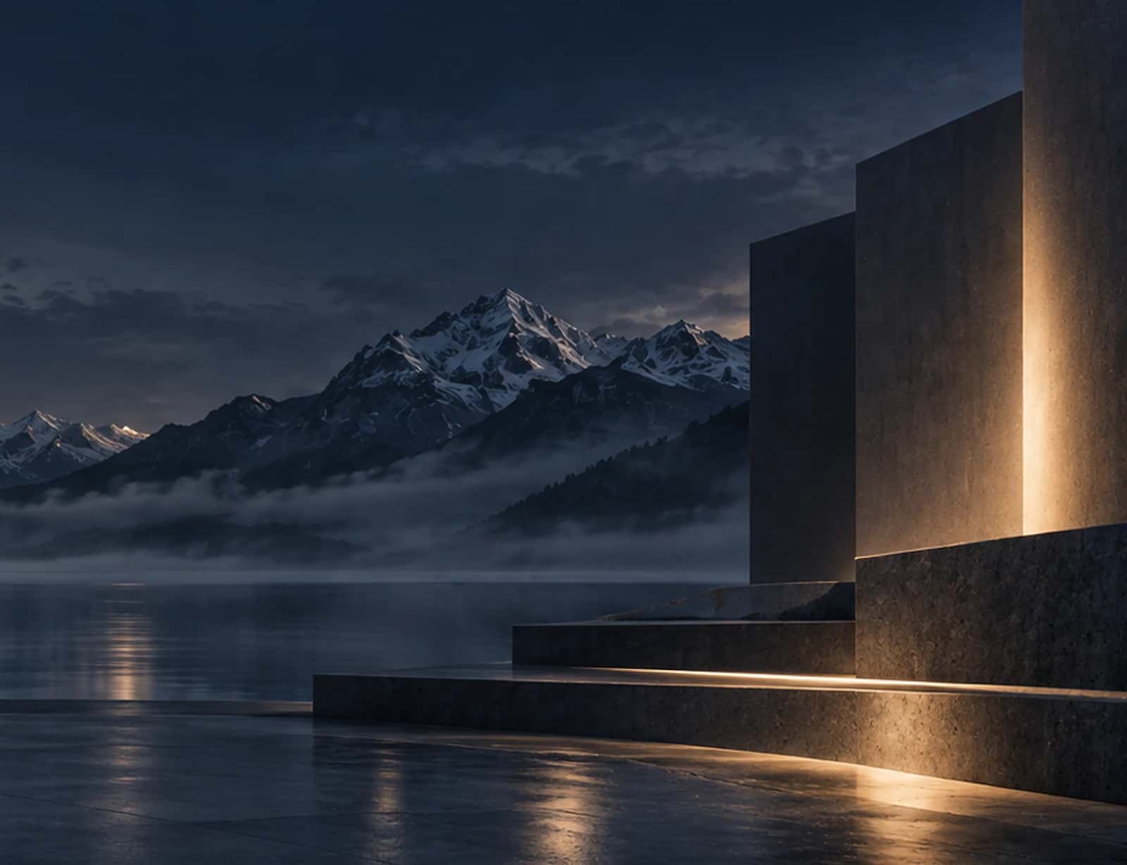 Concrete architecture framing a mountain view, at dusk