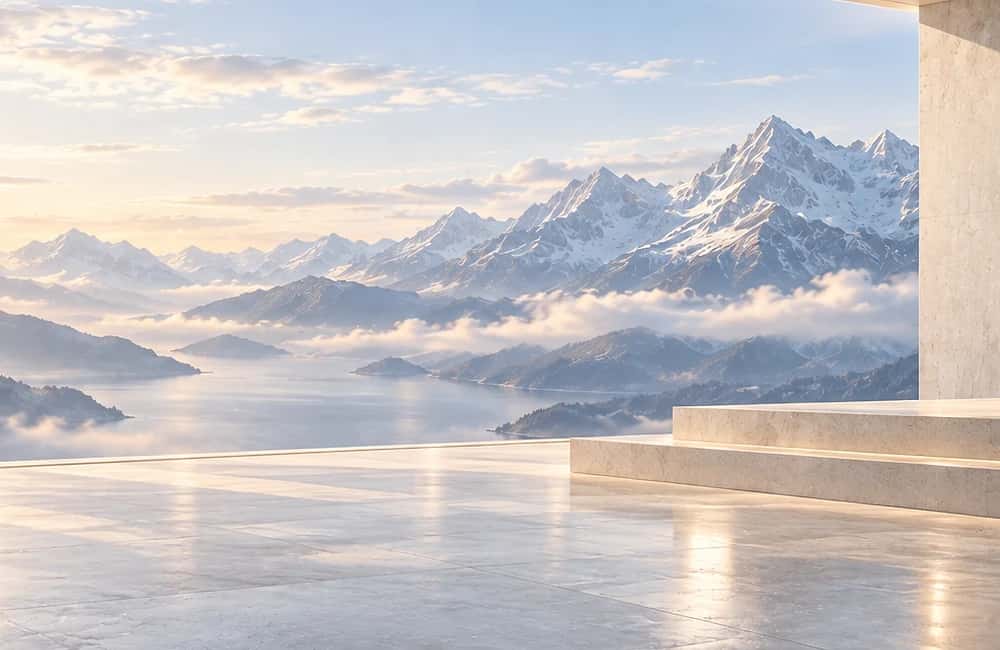 Open concrete hall with a curved ceiling and mountain view