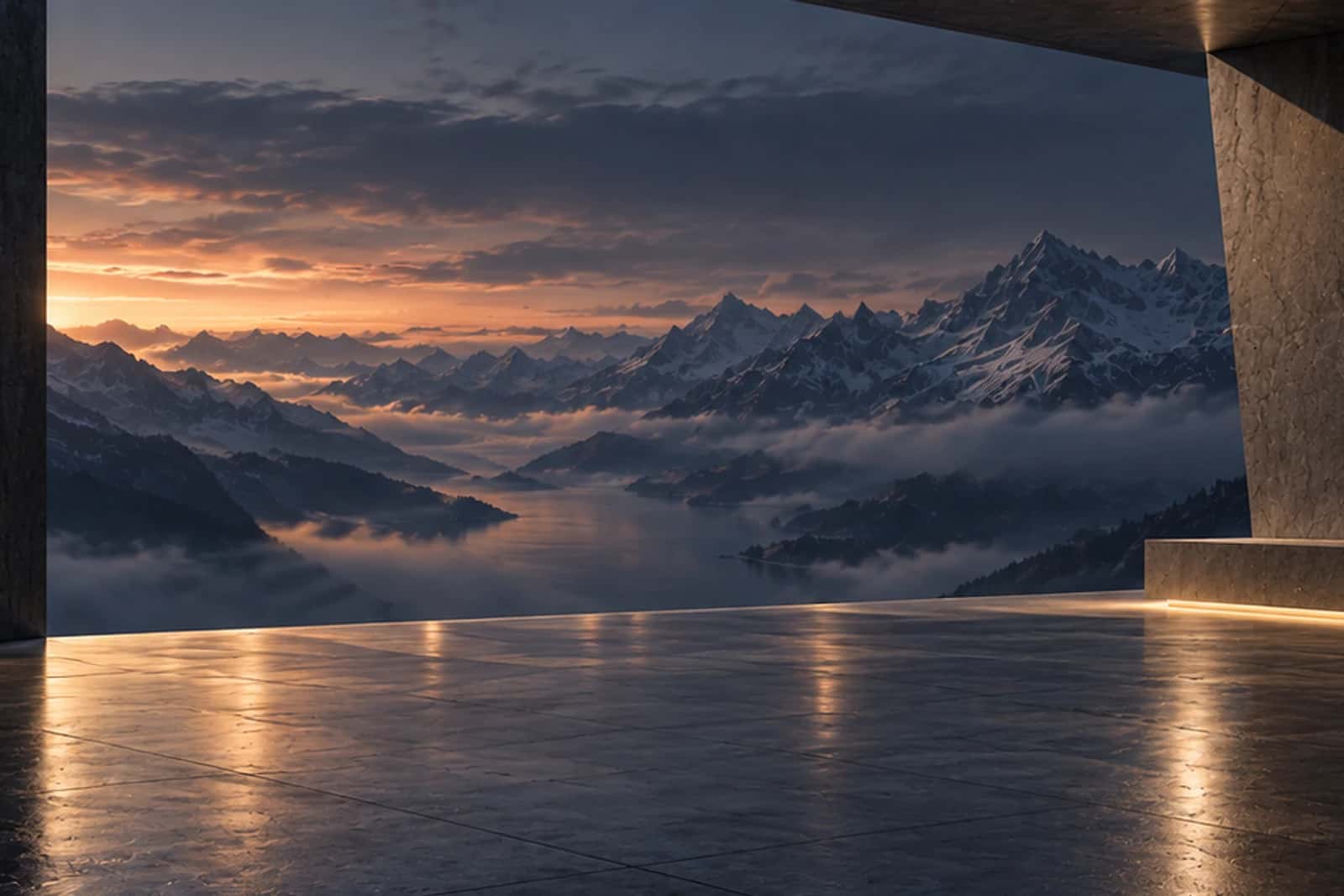 Open concrete hall with a curved ceiling and mountain view, at dusk