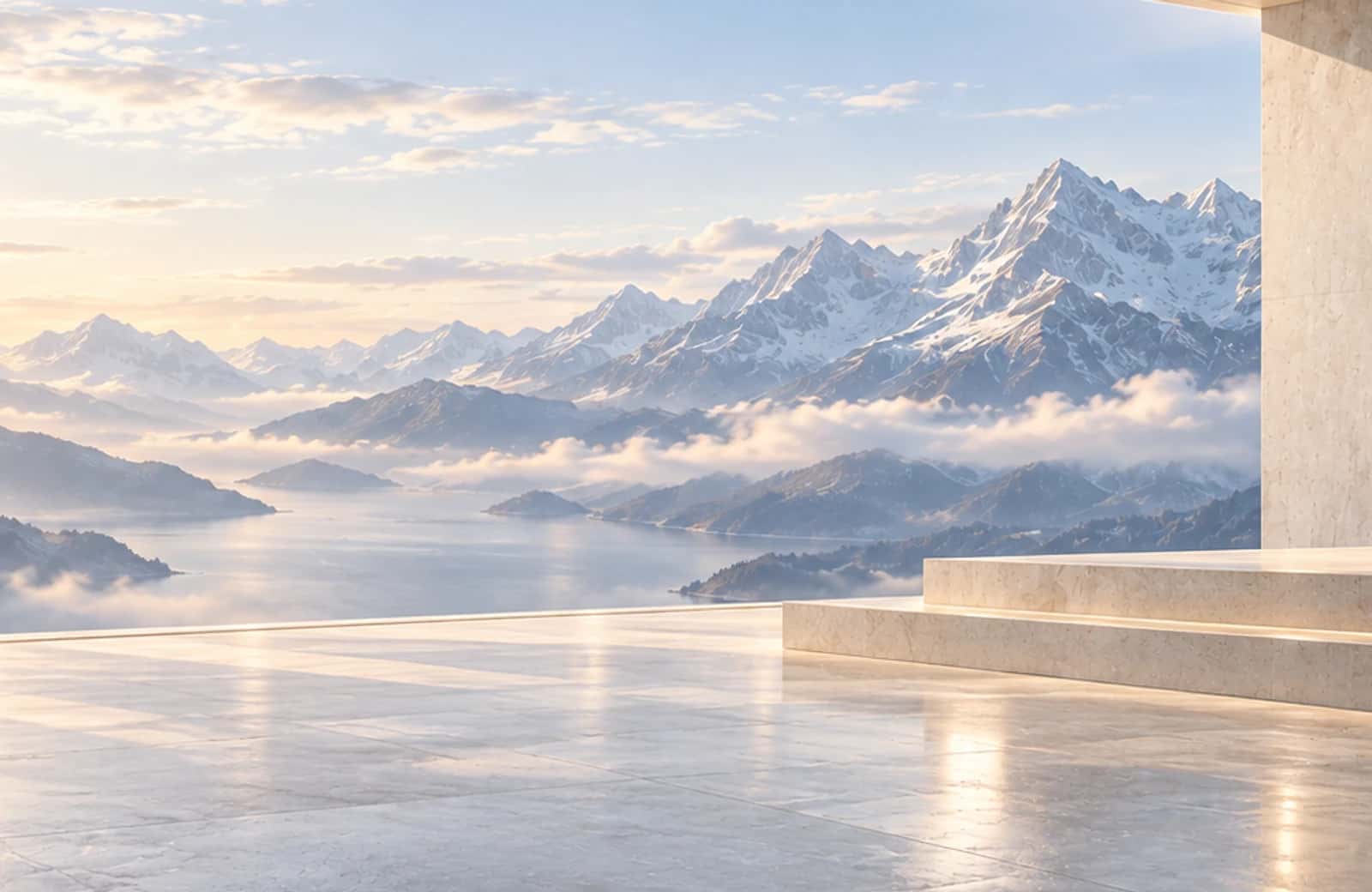 Open concrete hall with a curved ceiling and mountain view