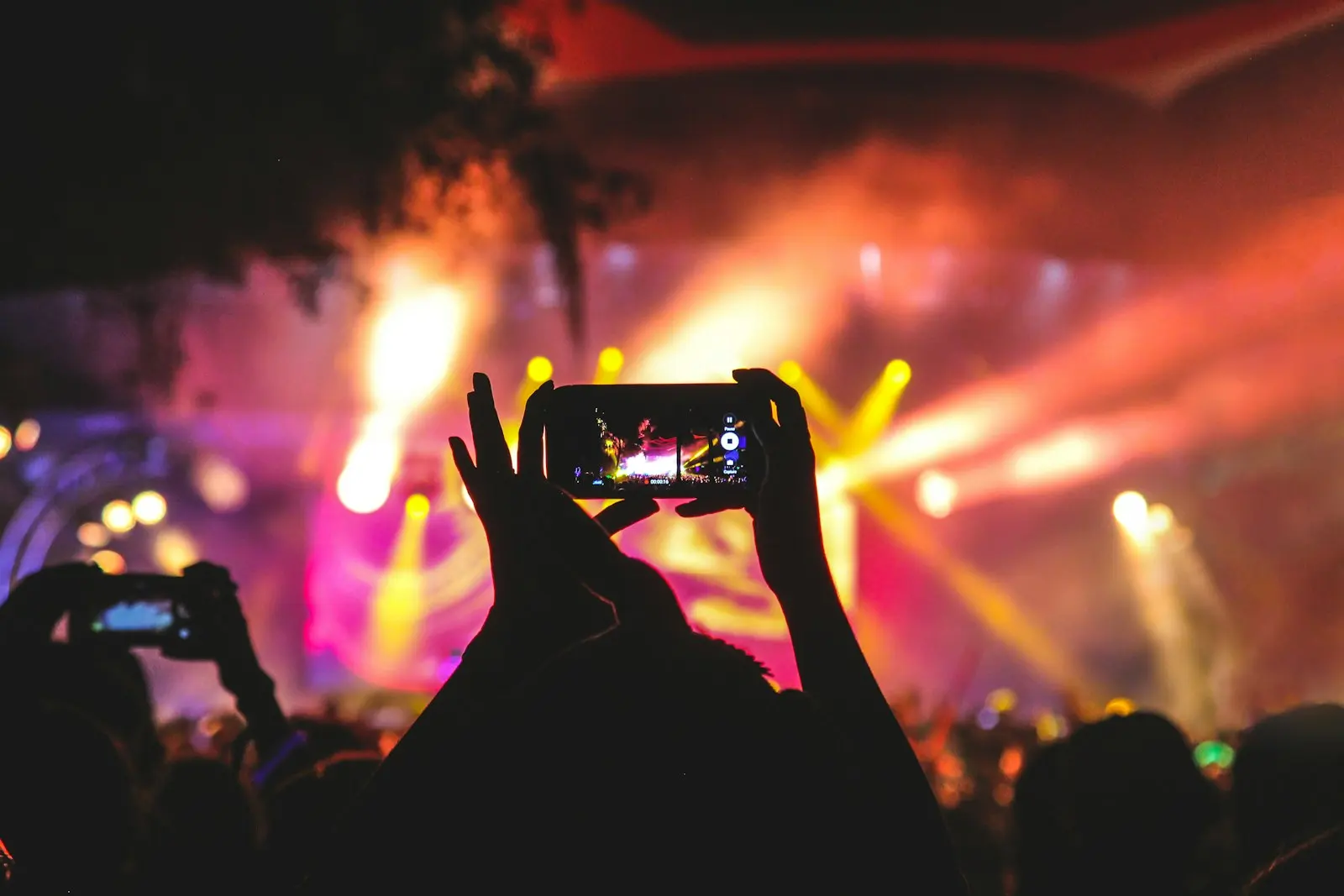 Hands filming a live set on a phone under pink stage lights